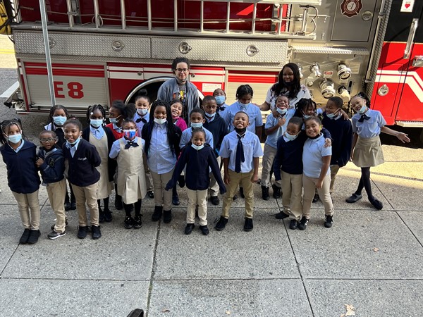 Ms. Futrell's class waits to tour the fire truck